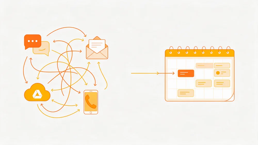 Before and after: from scattered messages across several channels to a single place with a calendar and clear approval statuses.