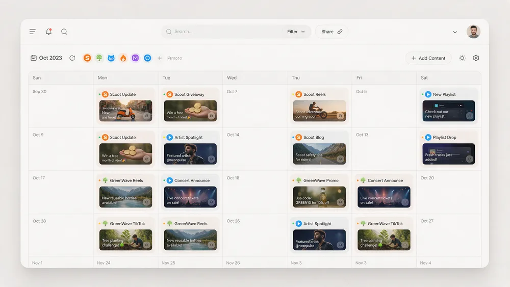 Monthly calendar view with posts from several brands and their approval status.