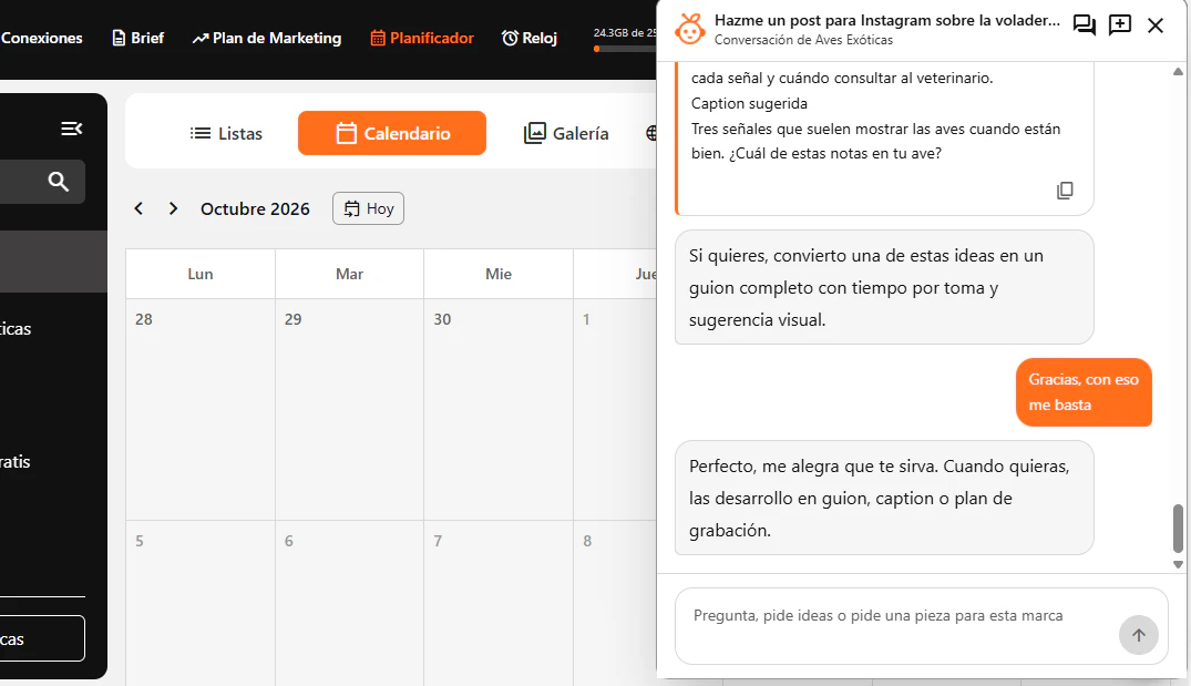 Emma, the Portal Orange AI agent, open next to the planner calendar while suggesting content ideas for a brand.